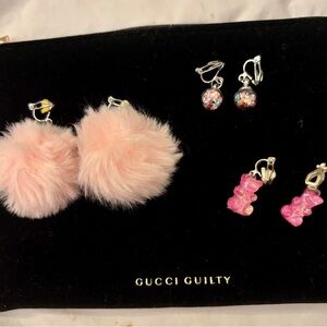 Pink Faux-Fur Pom & Gummy Bears & Balls Clip-On Earrings Lot of 3 sets girls